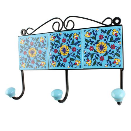 Turquoise Base Yellow Wheel Flower Ceramic Tiles Hooks